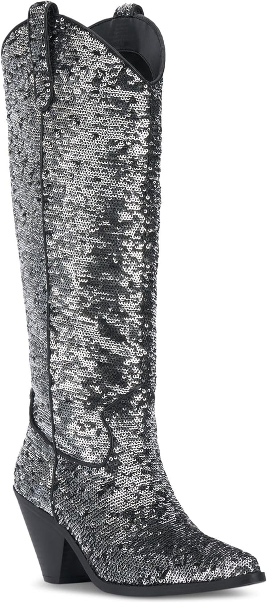 INC International Concepts Women's Ipiriah Western Boots  Color Pewter Sequins Size 6.5M