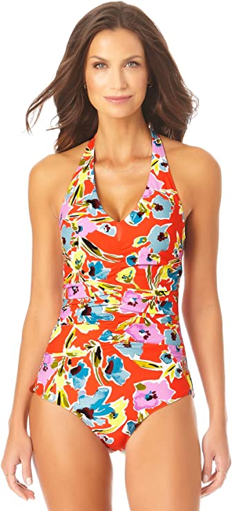 Anne Cole Floral-Print Shirred Halter One-Piece Swimsuit  Color Red Multi Size 10