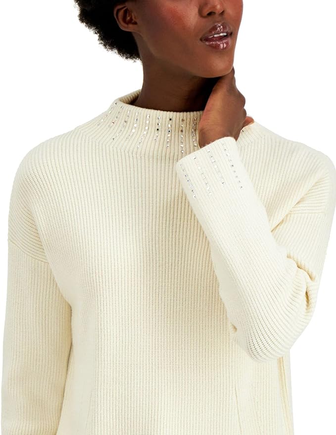 Alfani Women's Embellished High-Neck Sweater  Color Pure Ivory Size L