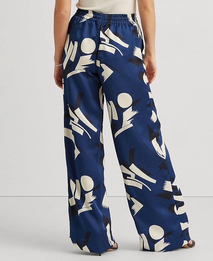 Lauren Ralph Lauren Women's  Geometric-Print Charmeuse Wide-Leg Pants  Color Blue/Cream Navy Size XL