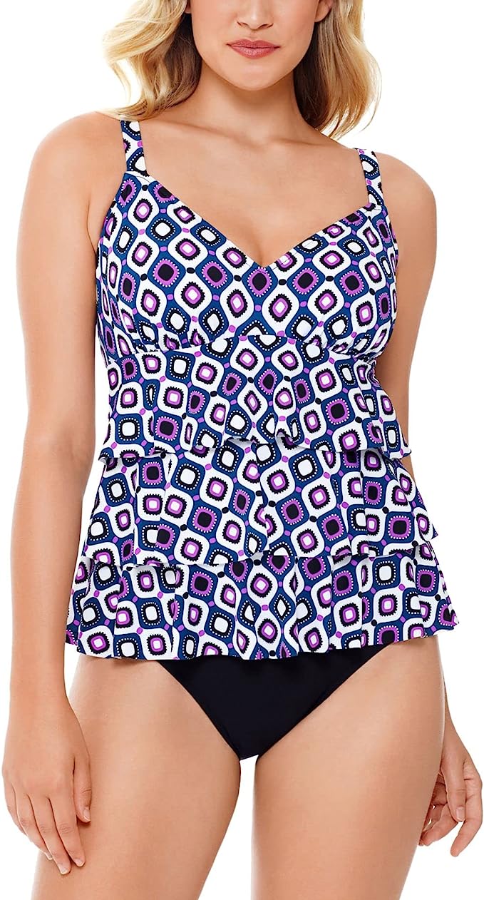 Swim Solutions Women's Printed Tiered Tummy Control One-Piece Swimsuit  Color Jewels Size 8