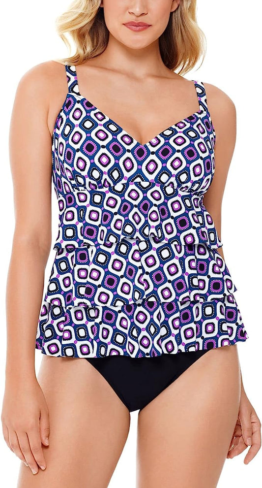 Swim Solutions Women's Printed Tiered Tummy Control One-Piece Swimsuit  Color Jewels Size 10