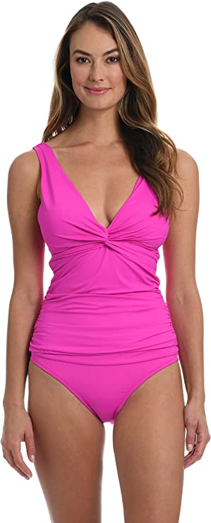 La Blanca Island Goddess Over-The-Shoulder Tankini Top   Color Orchid Pink Size 10