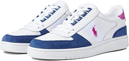 Polo Ralph Lauren Mens Court Low-Top Sneaker  Color White/Light Navy/Vivid Pink Size 7.5