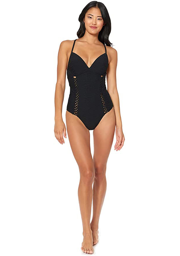 Jessica Simpson V-Neck One-Piece Swimsuit Bathing Suit  Color Black Cross Back Size S
