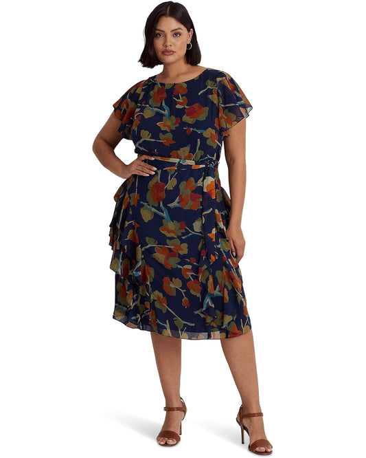 Lauren Ralph Lauren Women's Plus Size Ruffle-Trim Georgette Dress  Color Navy Floral Size 20W