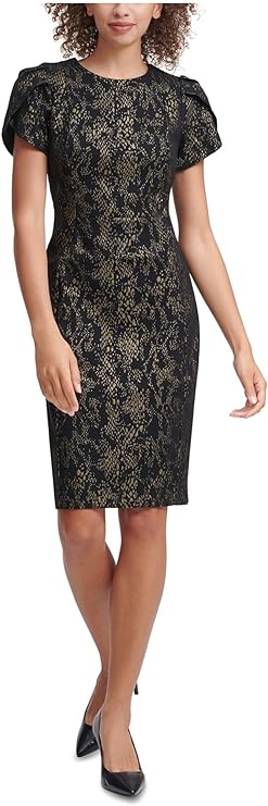 Calvin Klein Metallic-Print Sheath Dress  Color Black Size 6