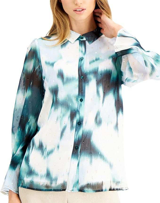 Alfani Women's Blouse Small Washed-Out Button-Down Shirt  Color Green Size S