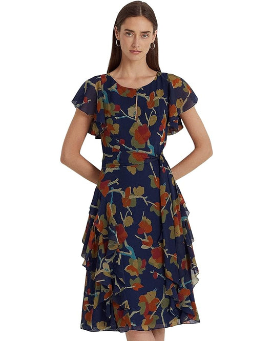 Lauren Ralph Lauren Women's Floral Ruffle-Trim Georgette Dress  Color Blue Multi Size 10