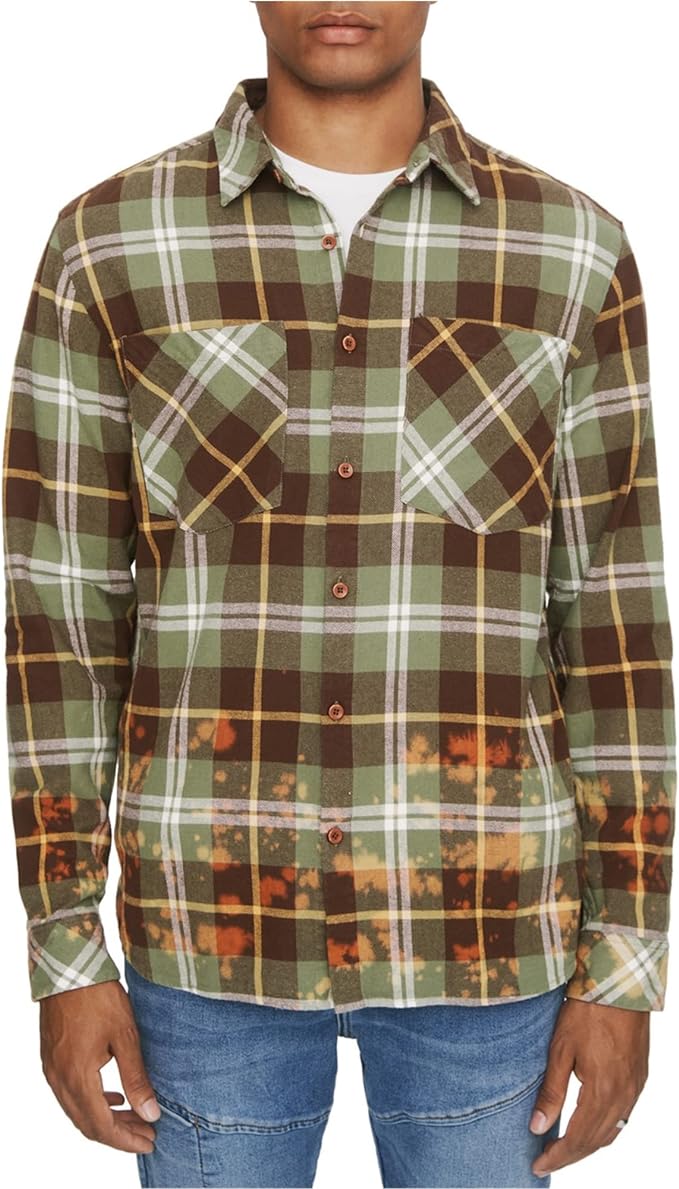 ELEVEN PARIS Men's Woven Plaid Button-Down Shirt  Color Deep Lichen Plaid Size M