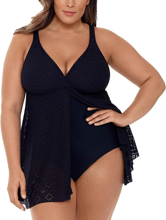 Swim Solutions Women's Plus Size Crochet Flyaway Tummy Control Swimdress  Color Black Size 24W