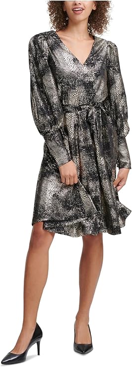 Calvin Klein Foil-Printed Belted Dress w/ Self Belt  Color Black Size 8