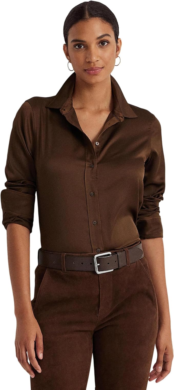 Lauren Ralph Lauren Women's Satin Charmeuse Shirt  Color Brown Birch Size L