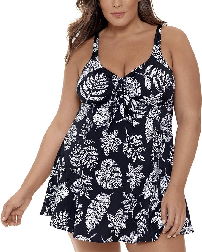 Swim Solution Plus Size Printed Tummy Control Swimdress  Color Spotted Leaves Size 24W