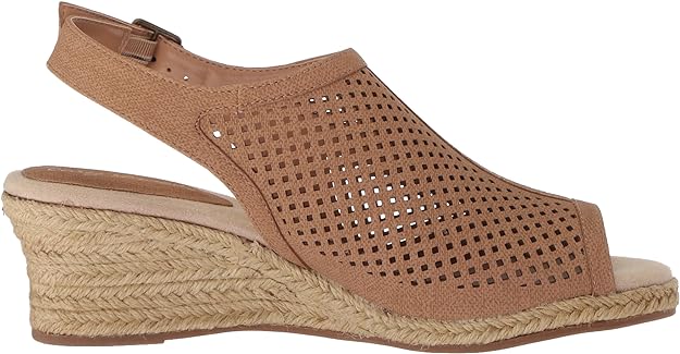 Easy Street Women's Stacy Wedge Sandal  Color Tan Linen Print Size 6W