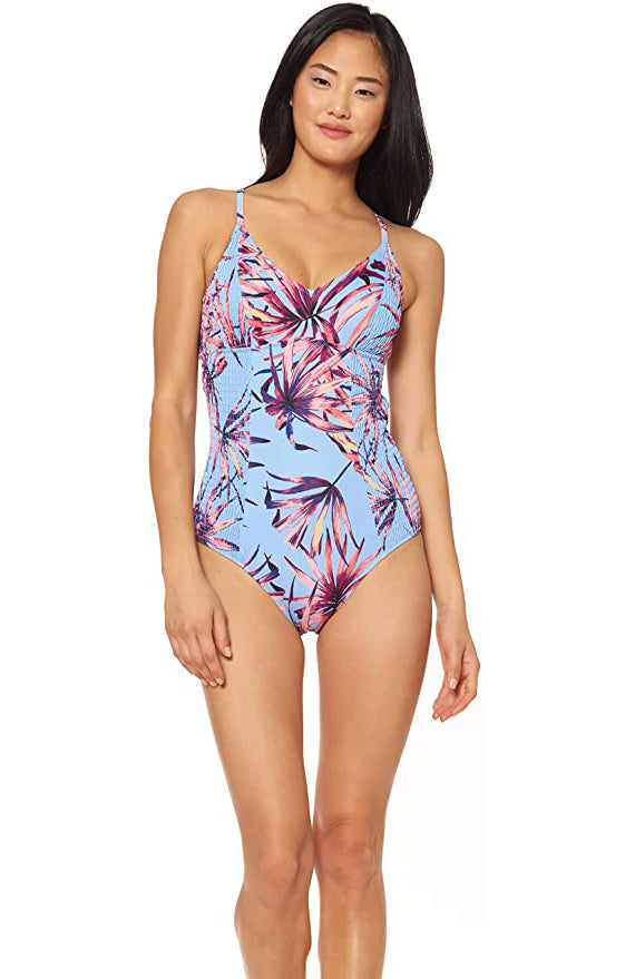 Jessica Simpson Palmy Days Camisole One-Piece Swimsuit  Color Lilac Palm Print Size S