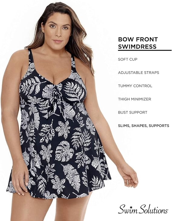 Swim Solution Plus Size Printed Tummy Control Swimdress  Color Spotted Leaves Size 24W