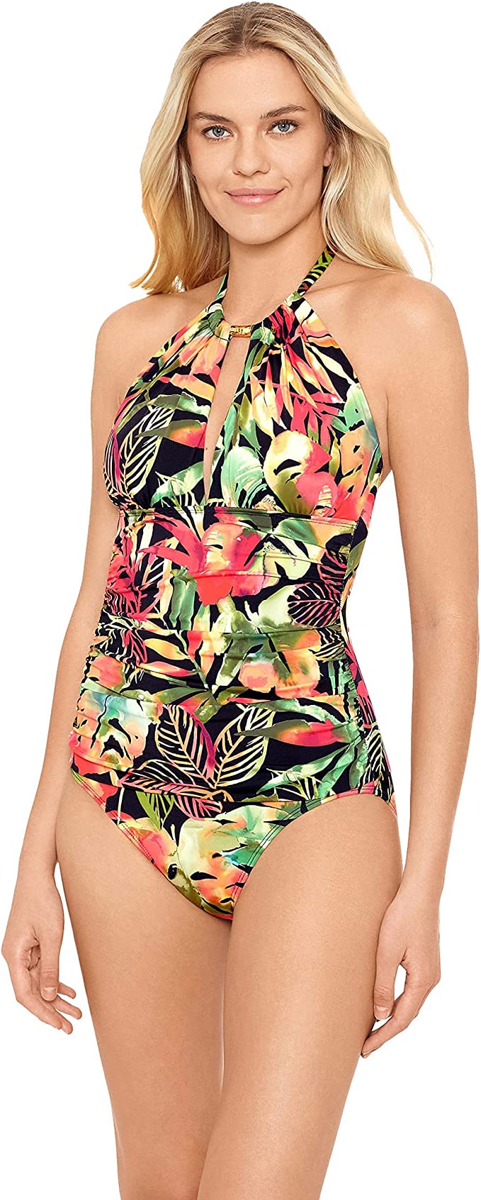 Lauren Ralph Lauren High-Neck Tummy-Control One-Piece Swimsuit  Color Midnight Tropical Size 14