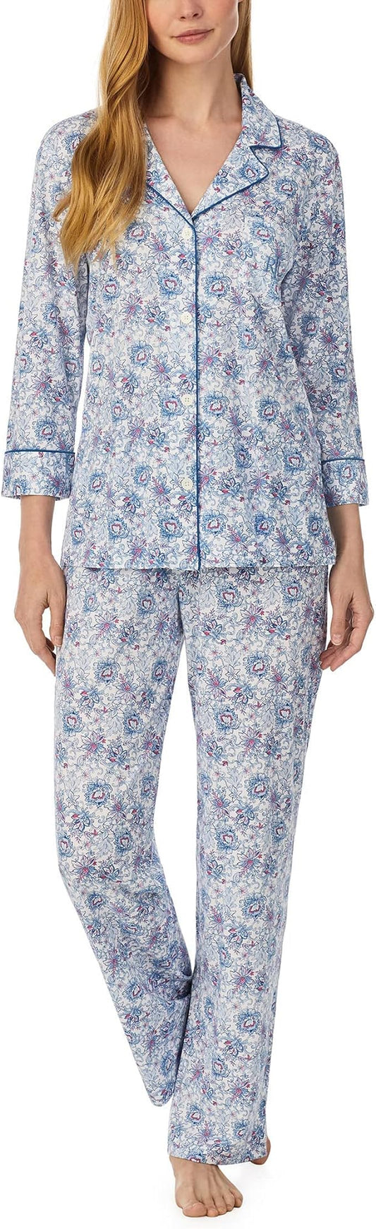 Lauren Ralph Lauren Women's 3/4 Sleeve Notch Collar PJ Set  Color White Floral Size S