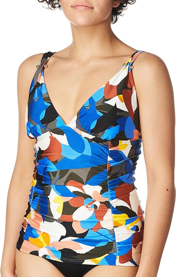 Calvin Klein Printed Ruched Tankini Top  Color Nectar Multi Stained Glass Floral Size XL