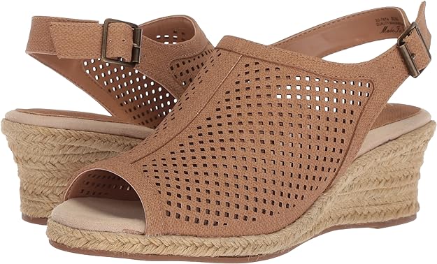 Easy Street Women's Stacy Wedge Sandal  Color Tan Linen Print Size 6W