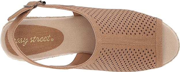 Easy Street Women's Stacy Wedge Sandal  Color Tan Linen Print Size 6W