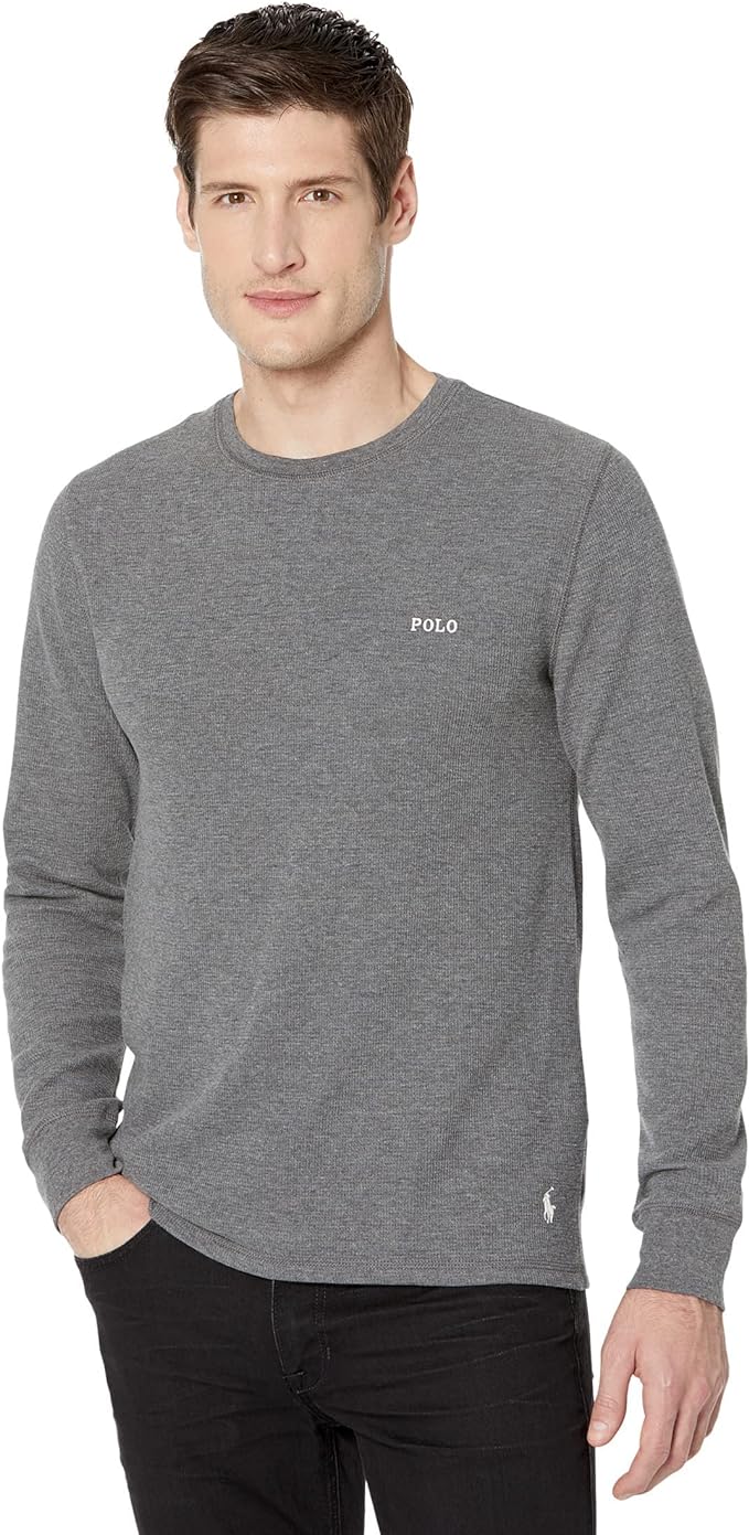 Polo Ralph Lauren Men's Waffle-Knit Long Sleeve T-Shirt  Color Charcoal Heather/Antique Cream Size L