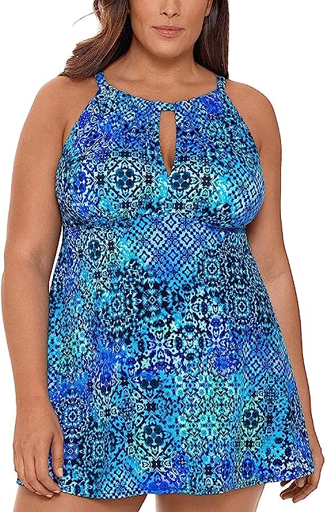 Swim Solution Plus Size Santorini Printed Keyhole Tummy Control Swimdress  Color Blue Size 24W