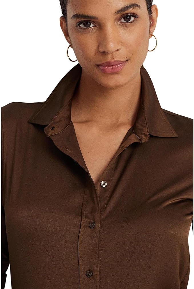 Lauren Ralph Lauren Women's Satin Charmeuse Shirt  Color Brown Birch Size L