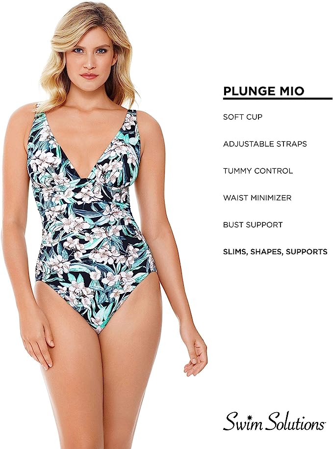 Swim Solutions Women's Plunge Tummy Control One-Piece Swimsuit  Multicolor Size 8