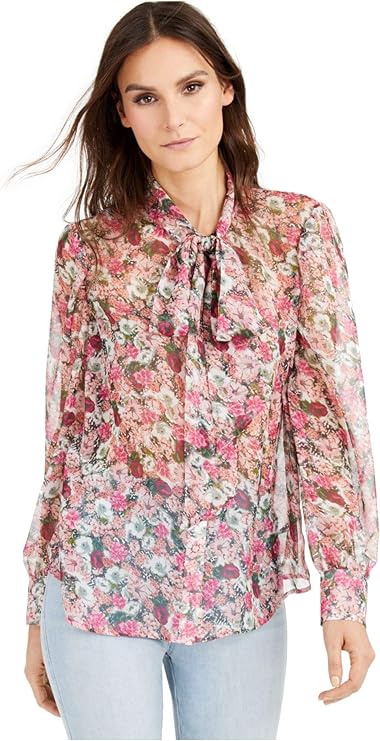 INC International Concepts Women's Sheer Bow-Tie Blouse  Color Sybil Blooms Size L