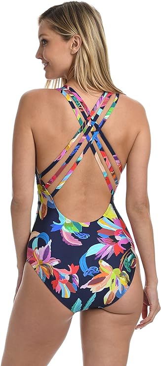 La Blanca X-Back Tummy-Control One-Piece Swimsuit  Color Indigo Multi Size 8