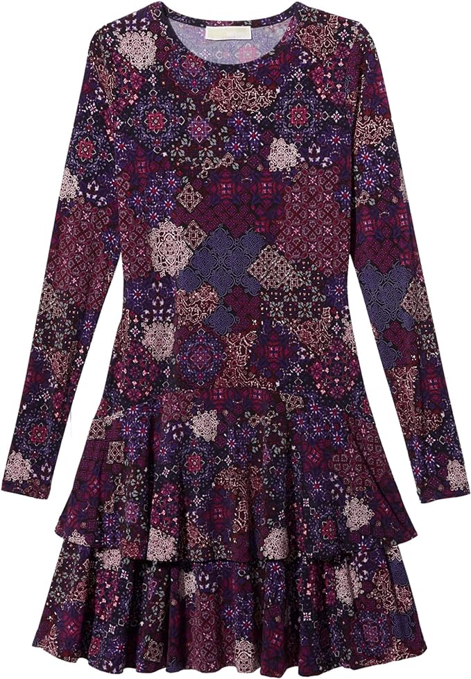 Michael Kors Women's Patchwork Tiered Dress  Color Purple Size XL