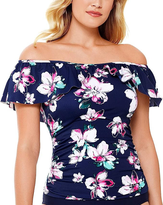 Swim Solutions Printed Off-The-Shoulder Ruffle Tankini Top  Color Status Floral Navy Size 8