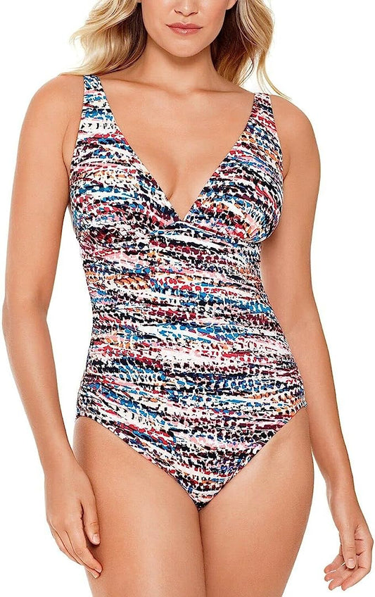 Swim Solutions Women’s Hot Rocks Plunge Printed Tummy Control One-Piece Swimsuit  Multicolor Size 8