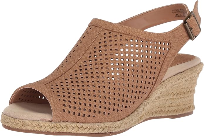 Easy Street Women's Stacy Wedge Sandal  Color Tan Linen Print Size 6W