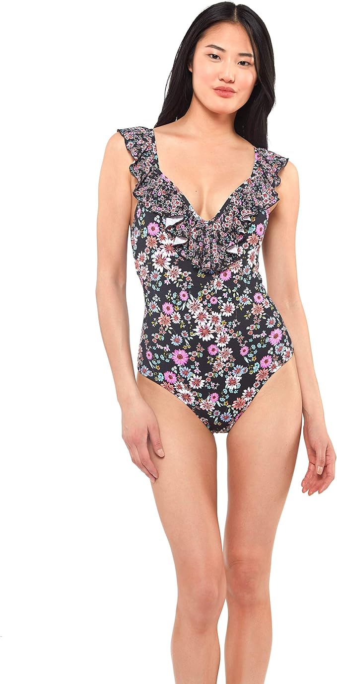 Jessica Simpson V Neck One Piece Swimsuit Bathing Suit  Color Lilac Palm Print Size S