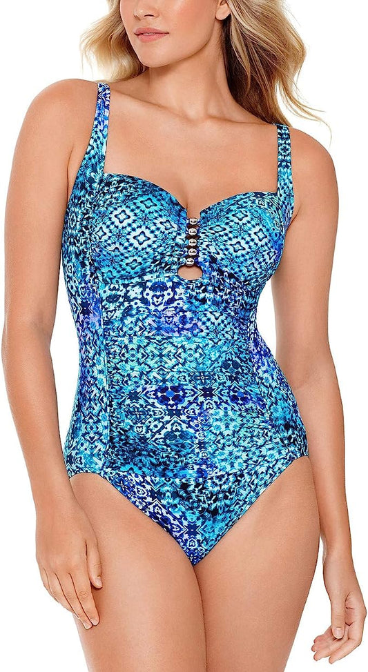 Swim Solutions Santorini Beaded Maillot Strappy-Front One Piece Swimsuit  Color Blue Size 10