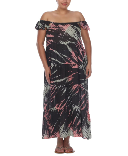 Raviya Plus Size TIE DYE OFF THE SHOULDER MAXI DRESS COVER UP Color Black Size 2X