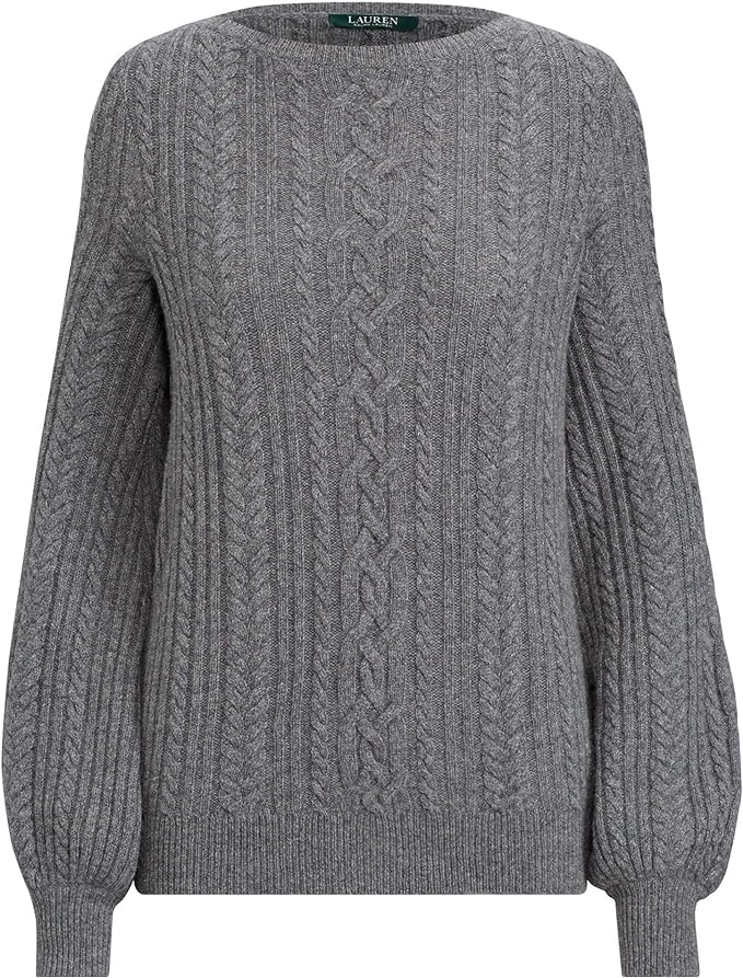 Lauren Ralph Lauren Women's Cable Puff-Sleeve Sweater  Color Shadow Grey Heather Size L