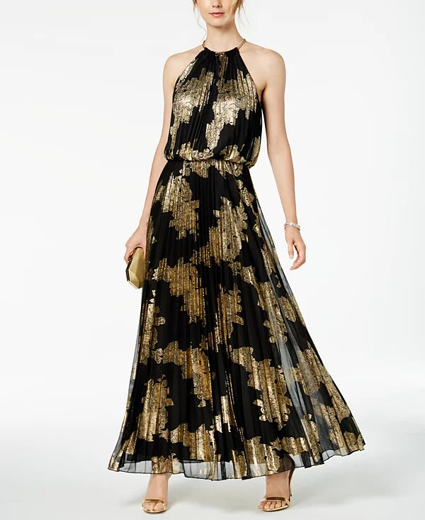 MSK Pleated Foil-Print Blouson Maxi Gown  Color Black/Gold Size 12