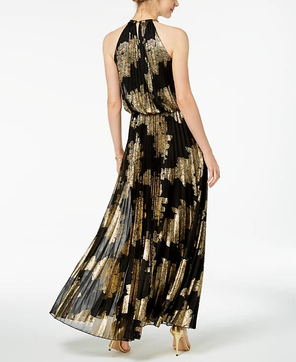 MSK Pleated Foil-Print Blouson Maxi Gown  Color Black/Gold Size 12