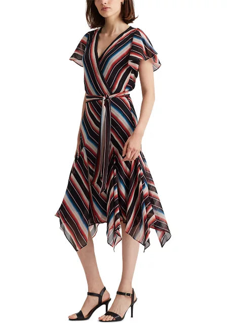 Lauren Ralph Lauren Women's Blanket-Stripe Georgette Dress Color Polo Black Multi Size 0