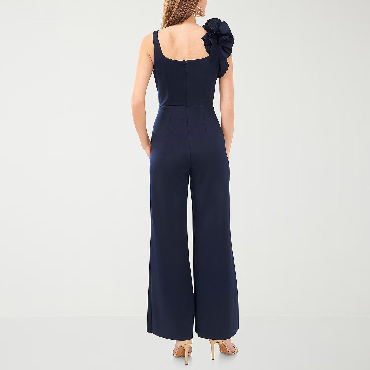 MSK Petite Ruffled-Strap Scuba Wide-Leg Jumpsuit  Color Navy Size 14P