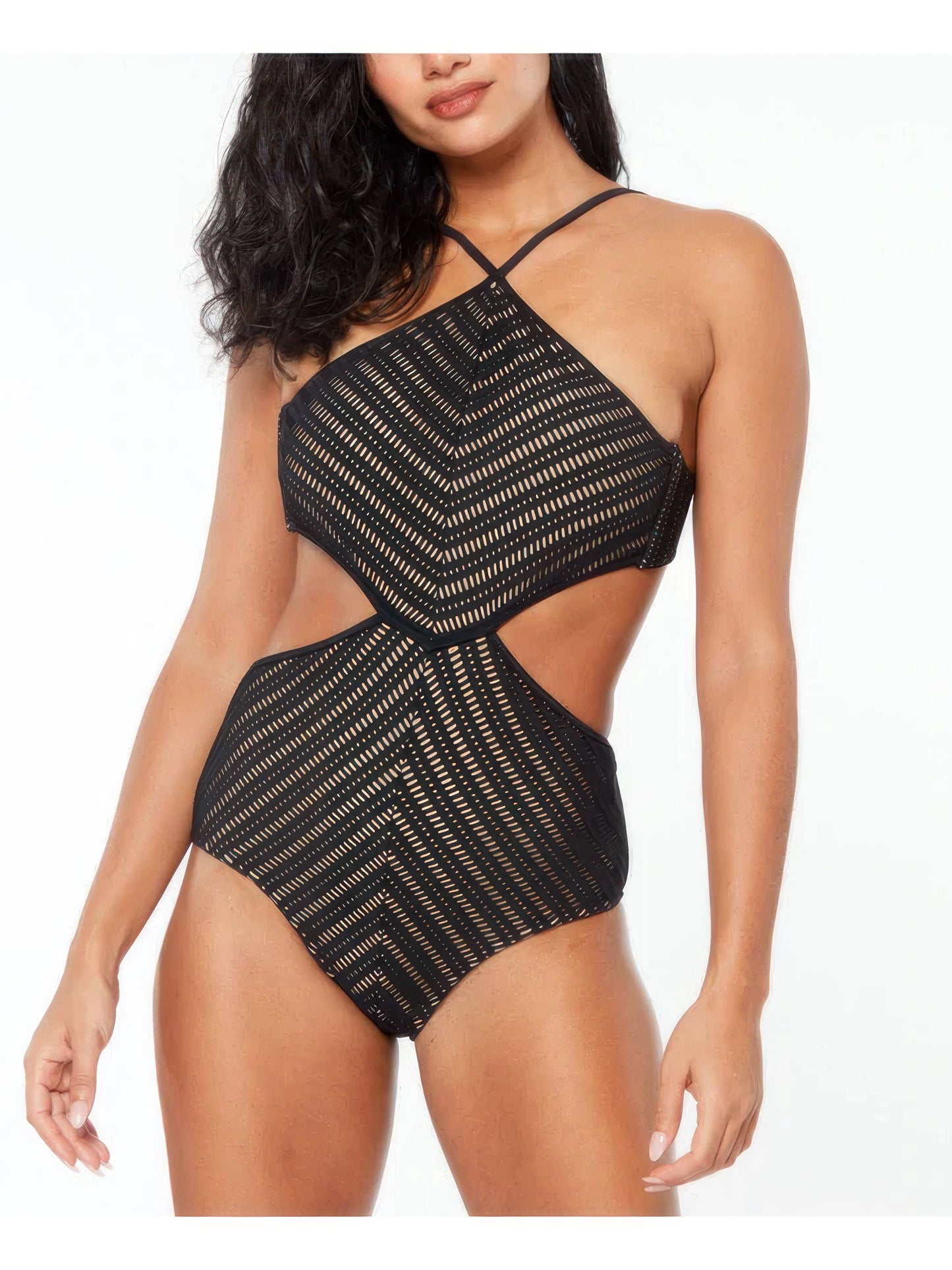 Bar III High-Neck Crochet Monokini Swimsuit  Color Black Size L