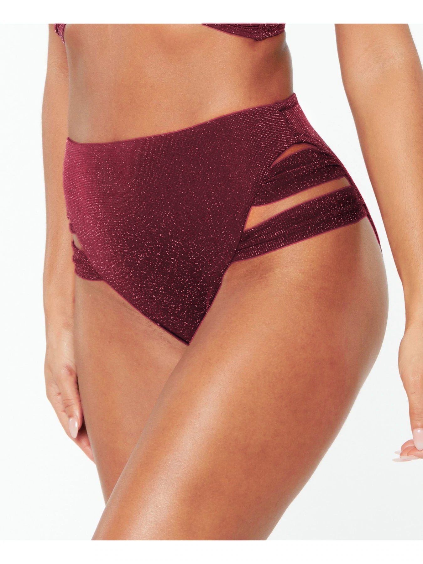 BAR III Shimmer High Waisted Swimsuit Bottoms  Color Burgundy Size XL