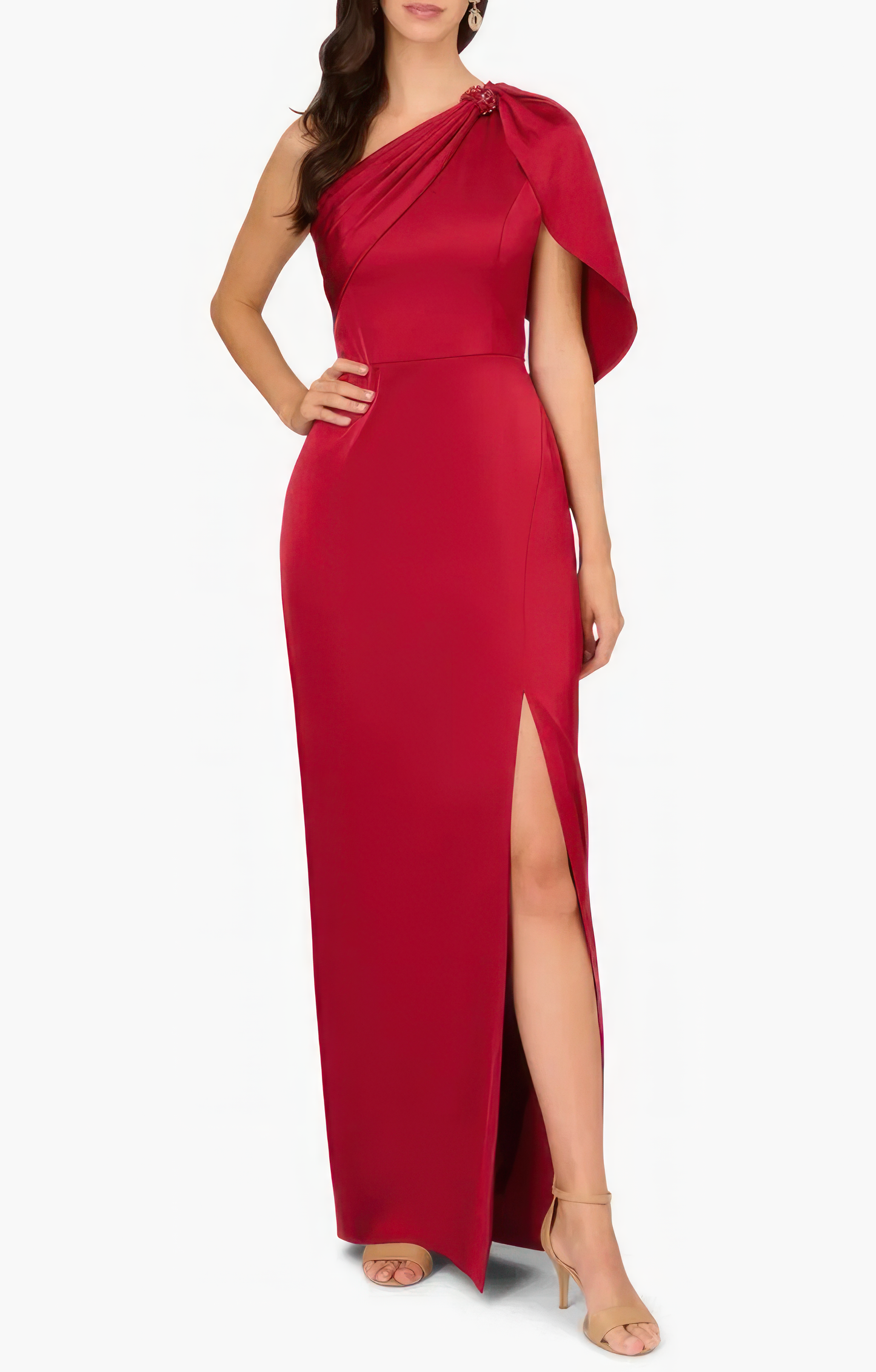 Aidan Mattox by Adrianna Papell Satin One Shoulder Gown  Color Matador Red Size 8