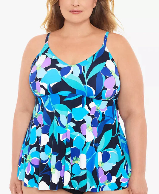 Swim Solutions V-Neck Underwire Tankini Top  Color Colorscope Navy Multi Size 18