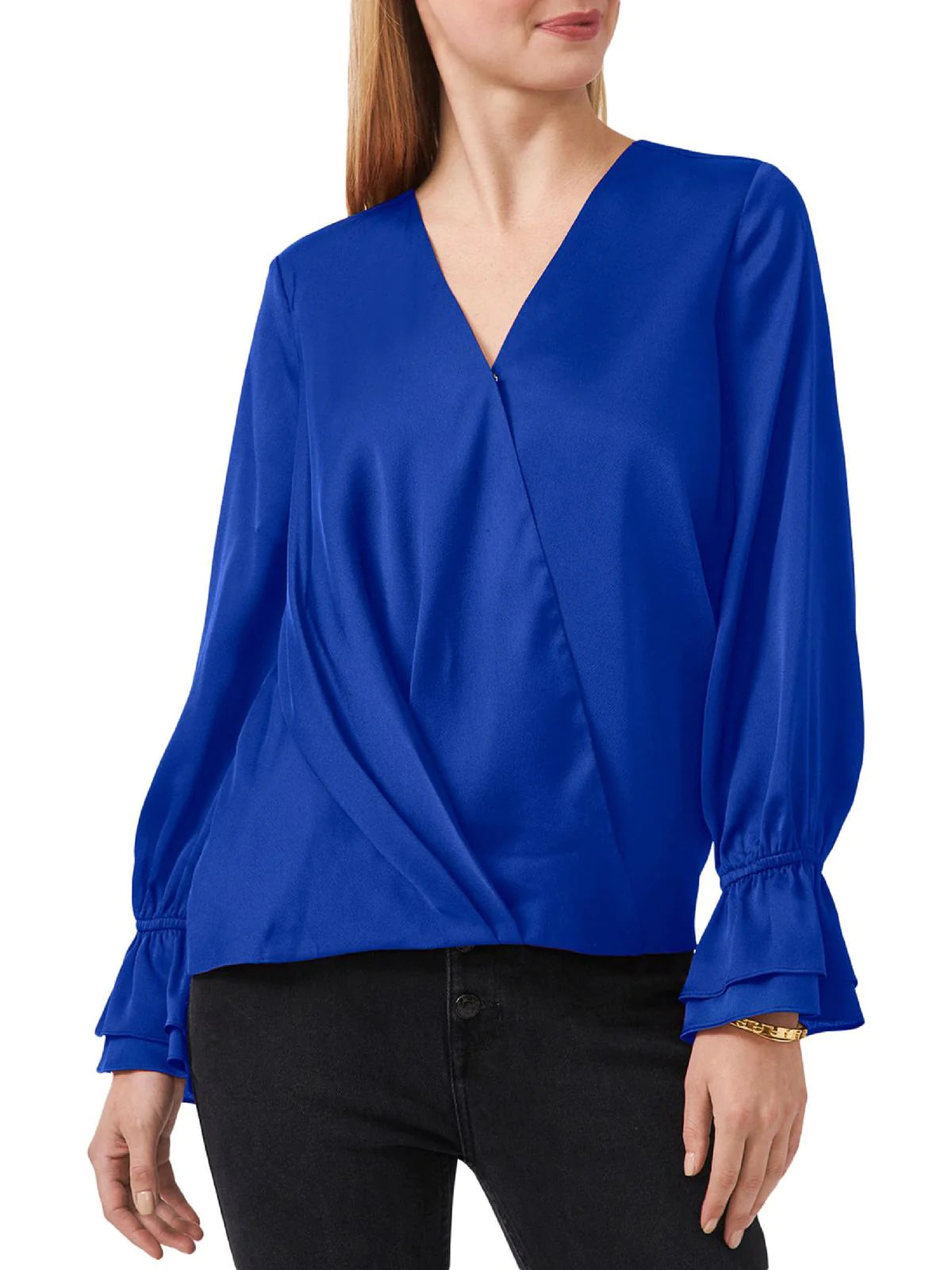 Vince Camuto Women's Satin Wrap Front Blouse  Color Vivid Blue Size L