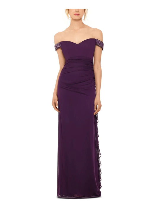 Betsy & Adam Sleeveless Off Shoulder Maxi Sheath Evening Dress Color Purple Size 16